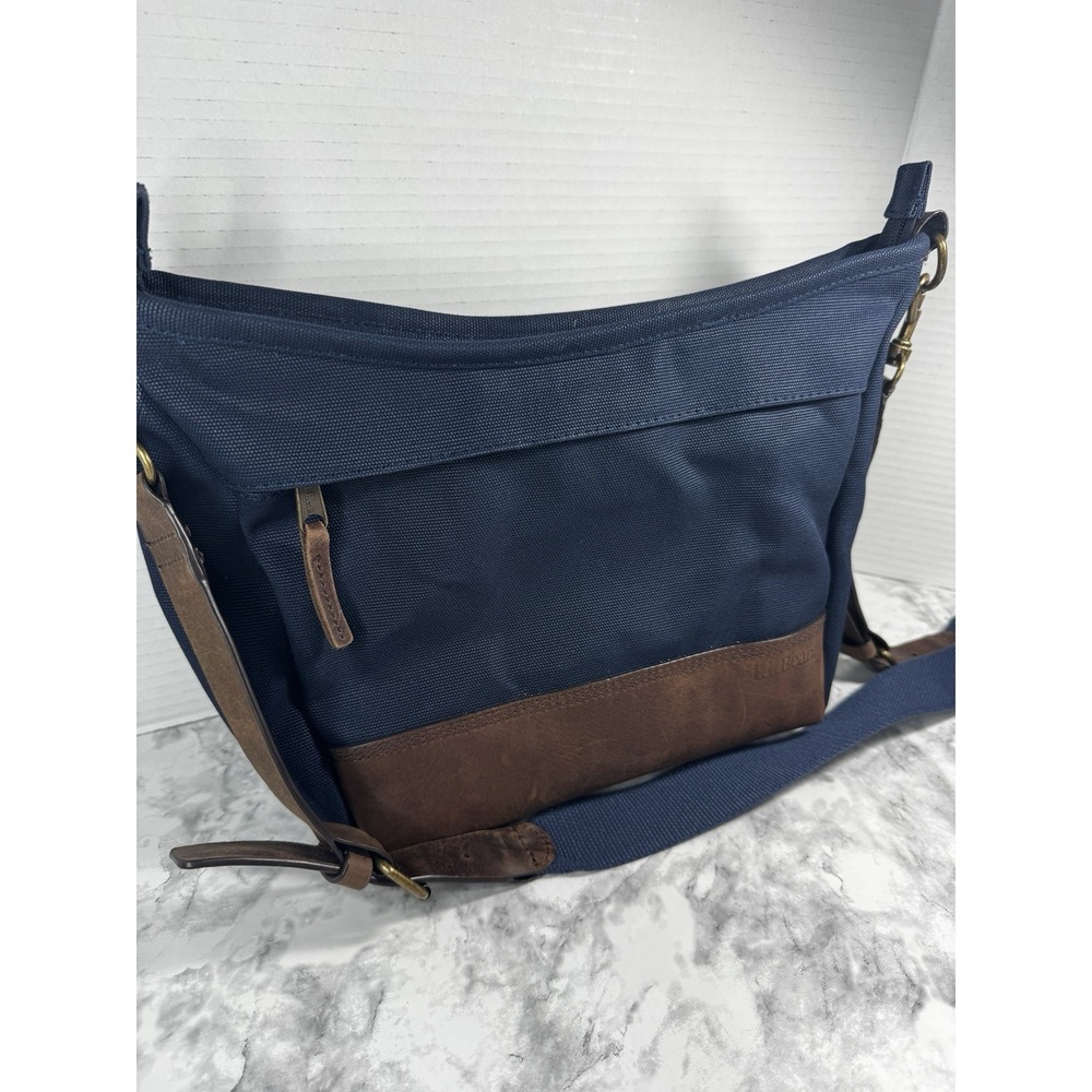 L.L. Bean Stonington Crossbody Navy Blue With Brown Leather Trim LL Bean